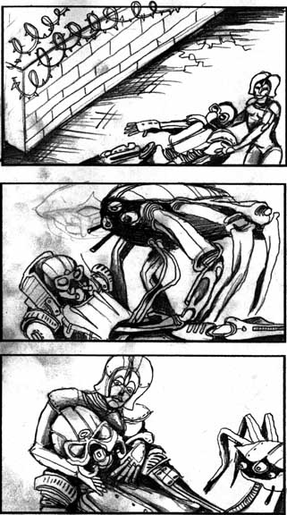 Storyboard of THE DEATH OF ARIES in the sci-fi movie "CHROME" directed by Timothy Hines. A Pendragon Pictures production. http://www.pendragonpictures.com . http://www.thewaroftheworldsmovie.net .